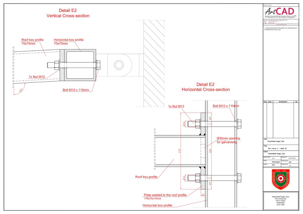 Detail E2 - roof profile - top beam connection.