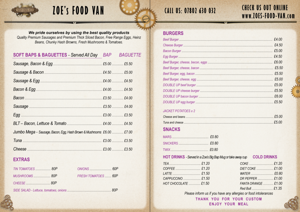 Zoe's Food Van - main menu (insert)