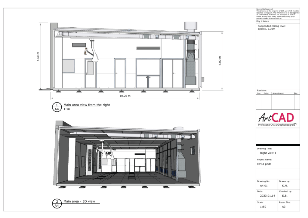 Technical drawings - side plan and perspective view of the workshop.